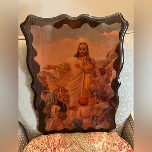 Vintage lacquered wood Jesus print children parable